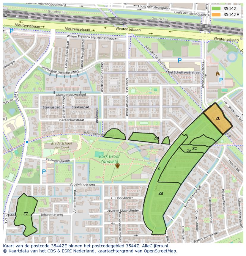 Afbeelding van het postcodegebied 3544 ZE op de kaart.
