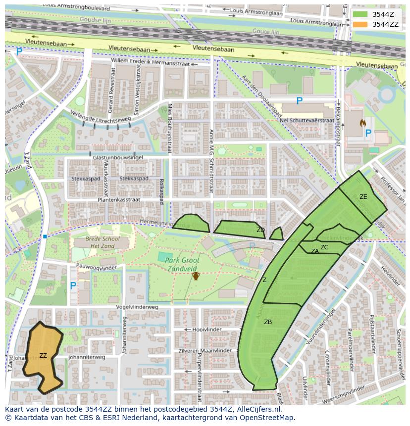 Afbeelding van het postcodegebied 3544 ZZ op de kaart.