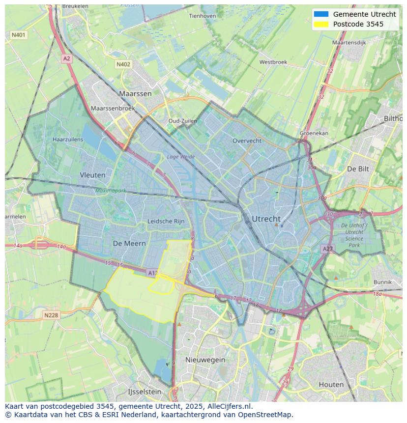Afbeelding van het postcodegebied 3545 op de kaart.