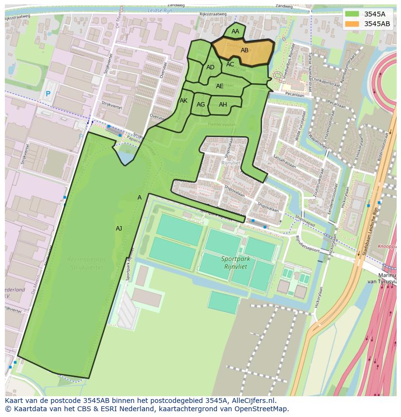 Afbeelding van het postcodegebied 3545 AB op de kaart.