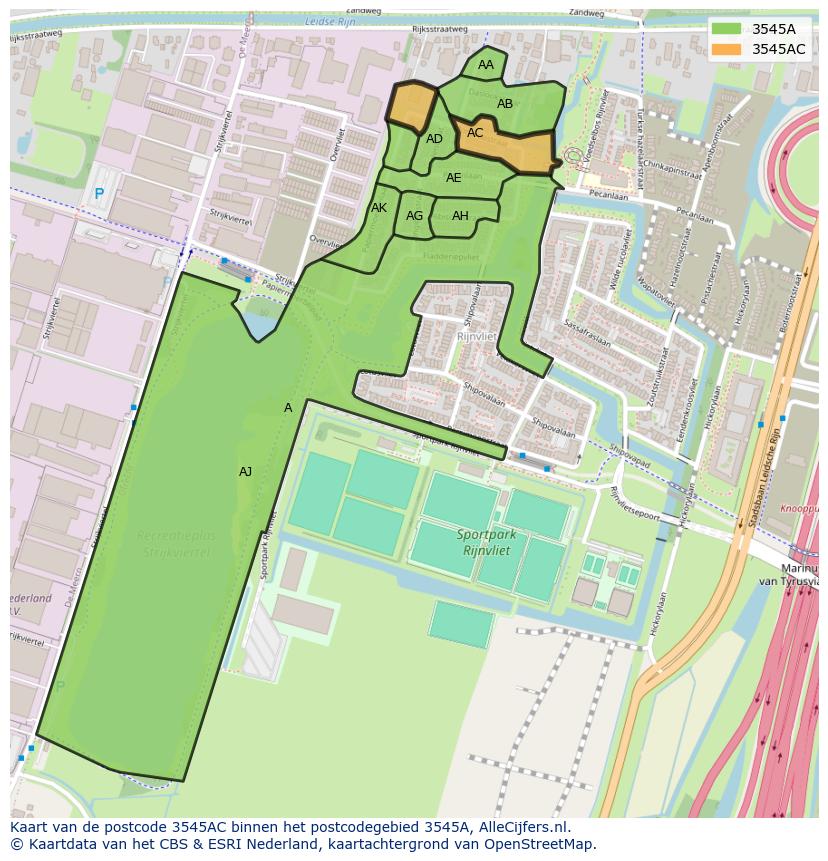 Afbeelding van het postcodegebied 3545 AC op de kaart.