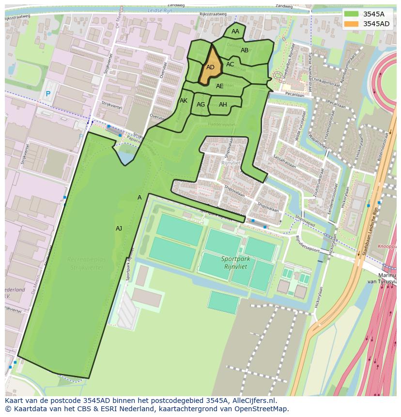 Afbeelding van het postcodegebied 3545 AD op de kaart.