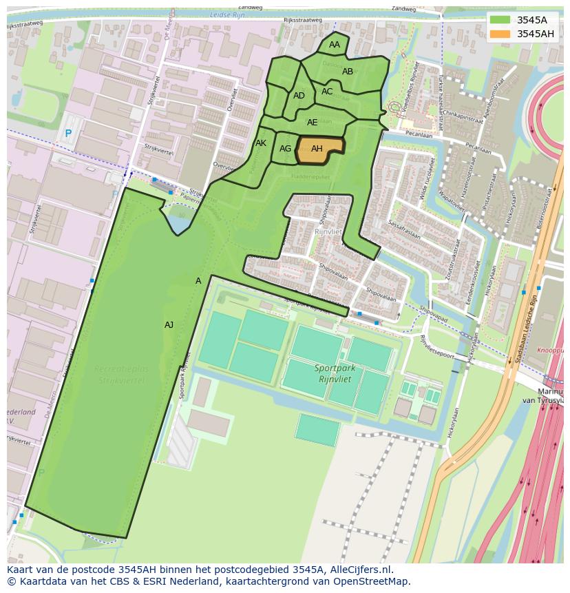Afbeelding van het postcodegebied 3545 AH op de kaart.