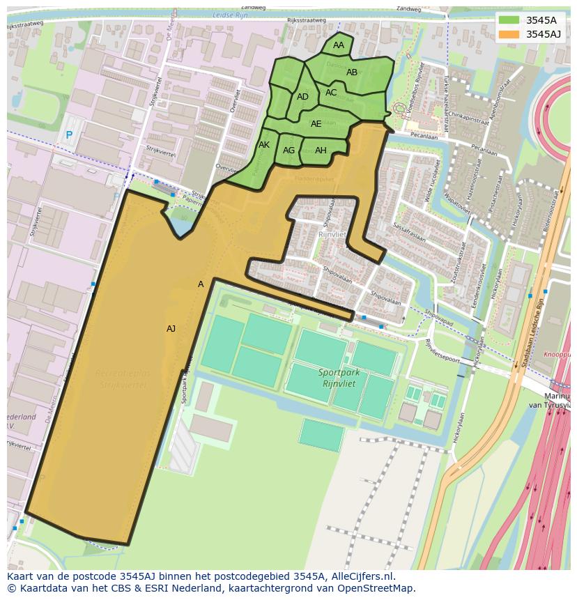 Afbeelding van het postcodegebied 3545 AJ op de kaart.