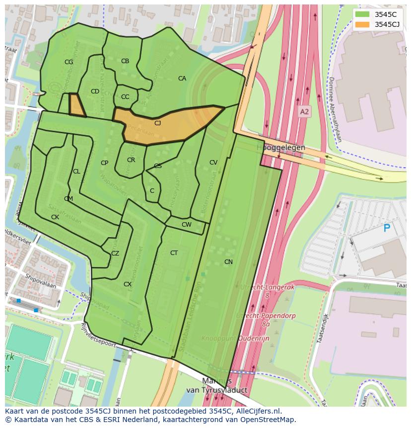 Afbeelding van het postcodegebied 3545 CJ op de kaart.