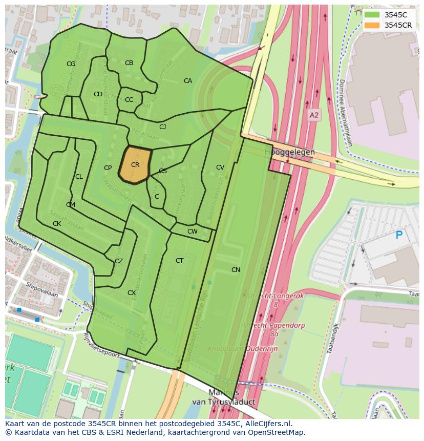 Afbeelding van het postcodegebied 3545 CR op de kaart.