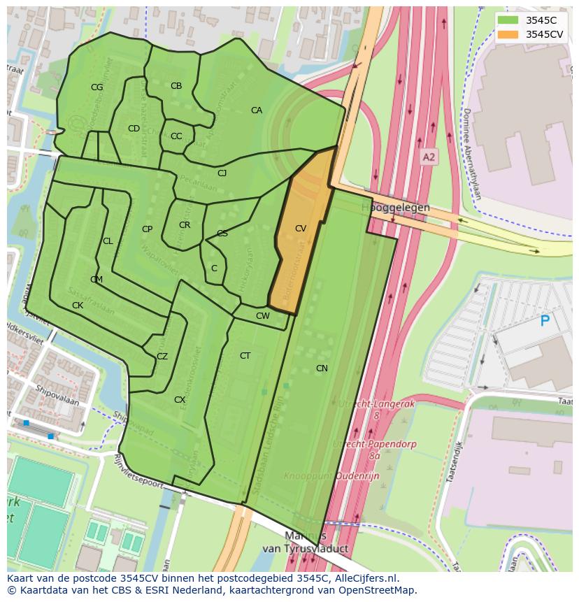 Afbeelding van het postcodegebied 3545 CV op de kaart.