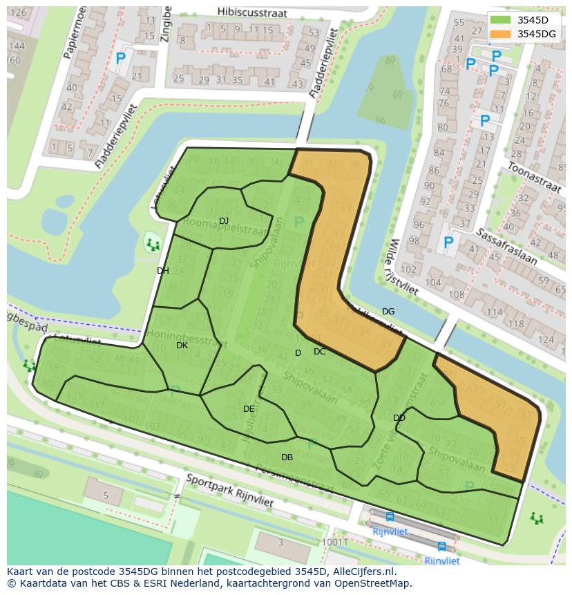 Afbeelding van het postcodegebied 3545 DG op de kaart.