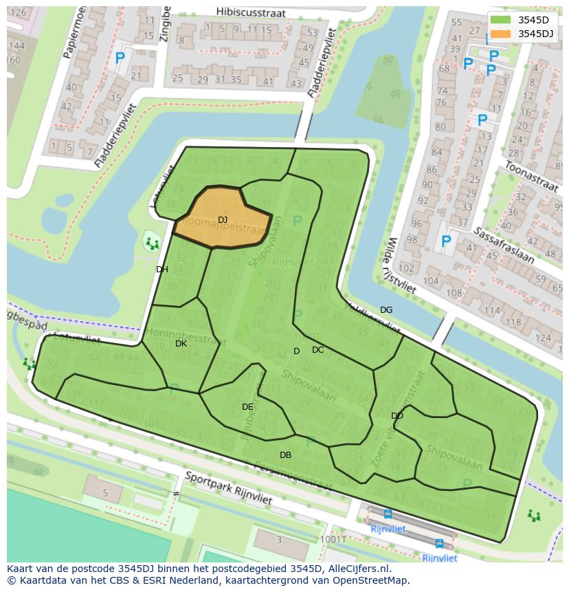 Afbeelding van het postcodegebied 3545 DJ op de kaart.
