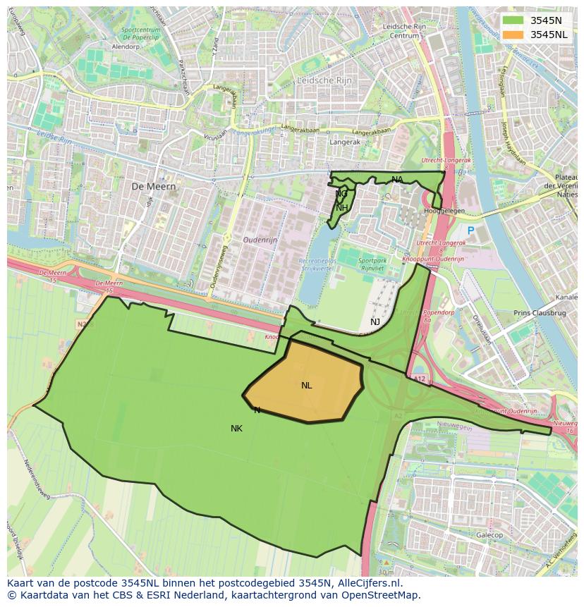 Afbeelding van het postcodegebied 3545 NL op de kaart.