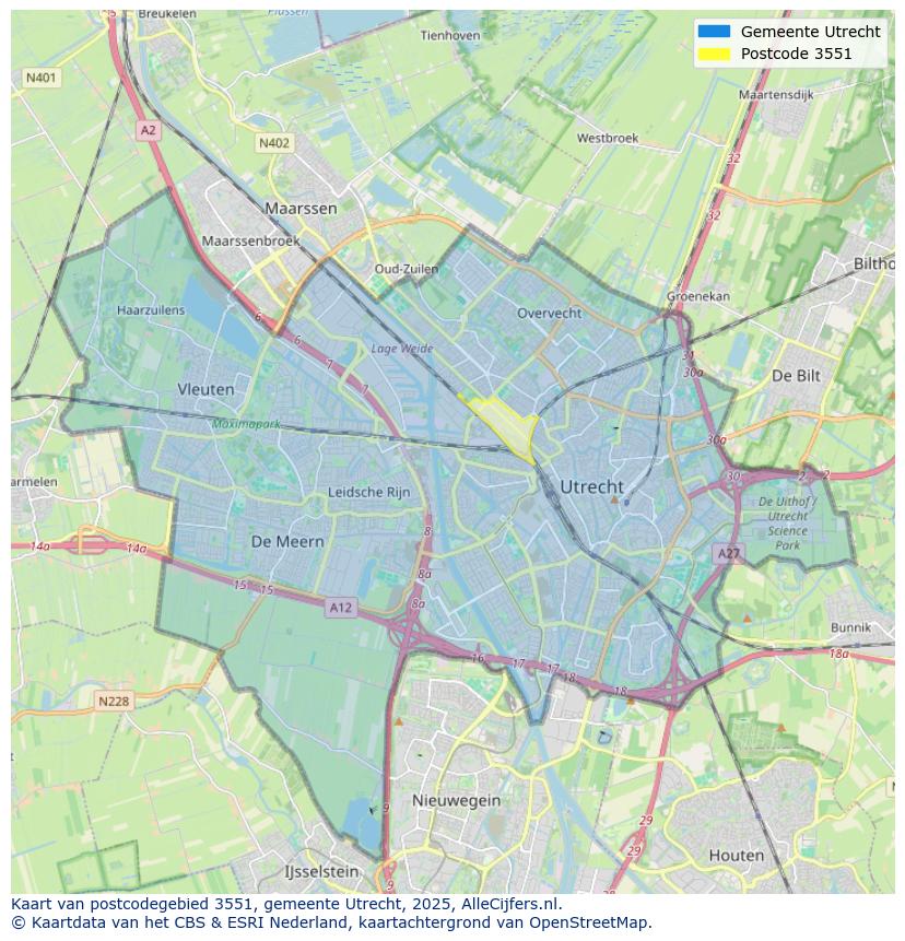 Afbeelding van het postcodegebied 3551 op de kaart.