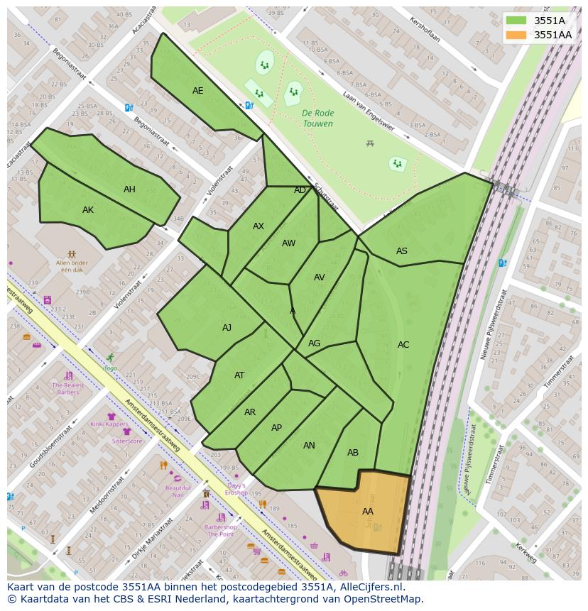 Afbeelding van het postcodegebied 3551 AA op de kaart.