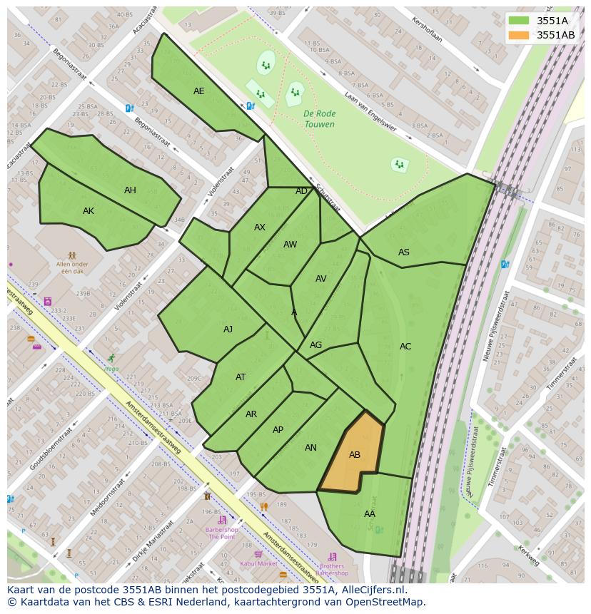 Afbeelding van het postcodegebied 3551 AB op de kaart.