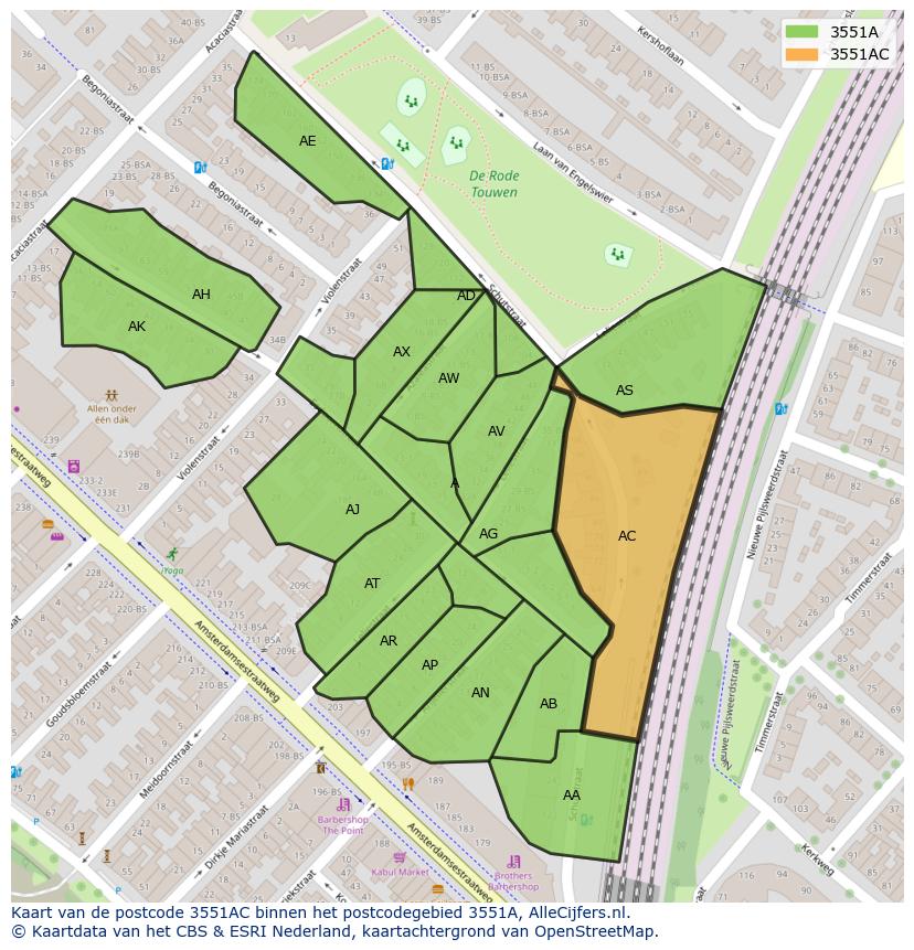 Afbeelding van het postcodegebied 3551 AC op de kaart.