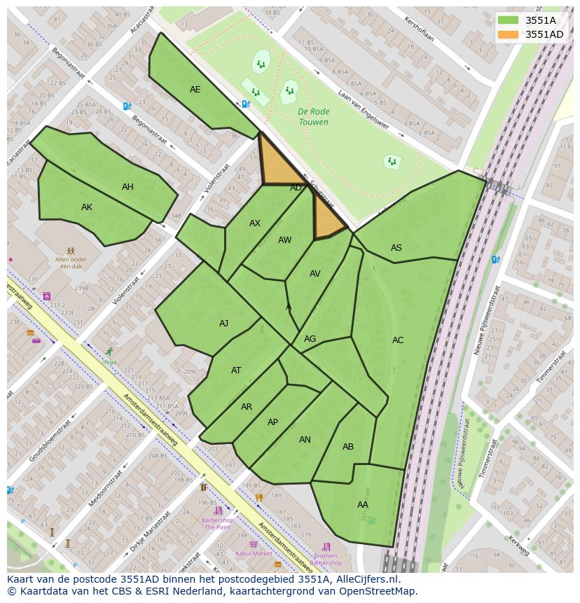 Afbeelding van het postcodegebied 3551 AD op de kaart.