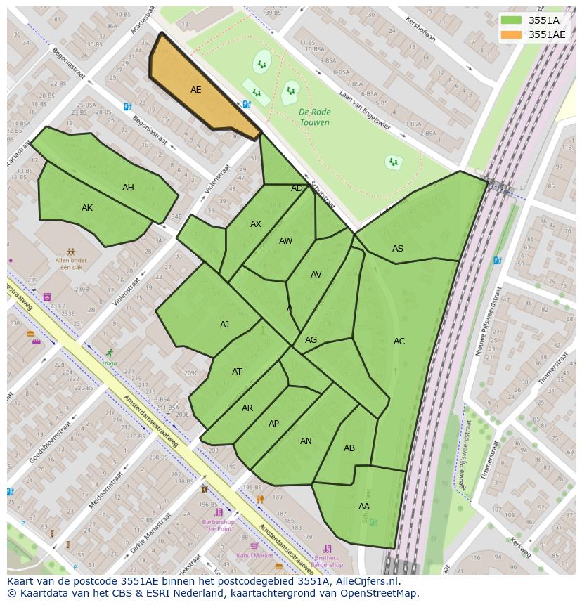 Afbeelding van het postcodegebied 3551 AE op de kaart.