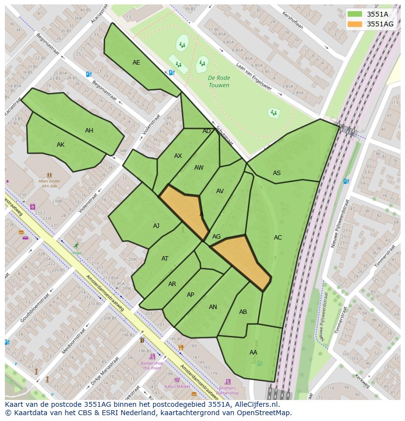 Afbeelding van het postcodegebied 3551 AG op de kaart.