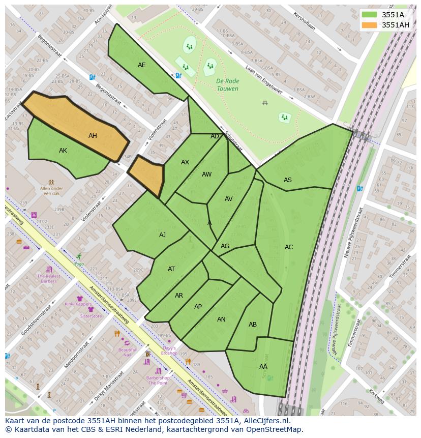 Afbeelding van het postcodegebied 3551 AH op de kaart.