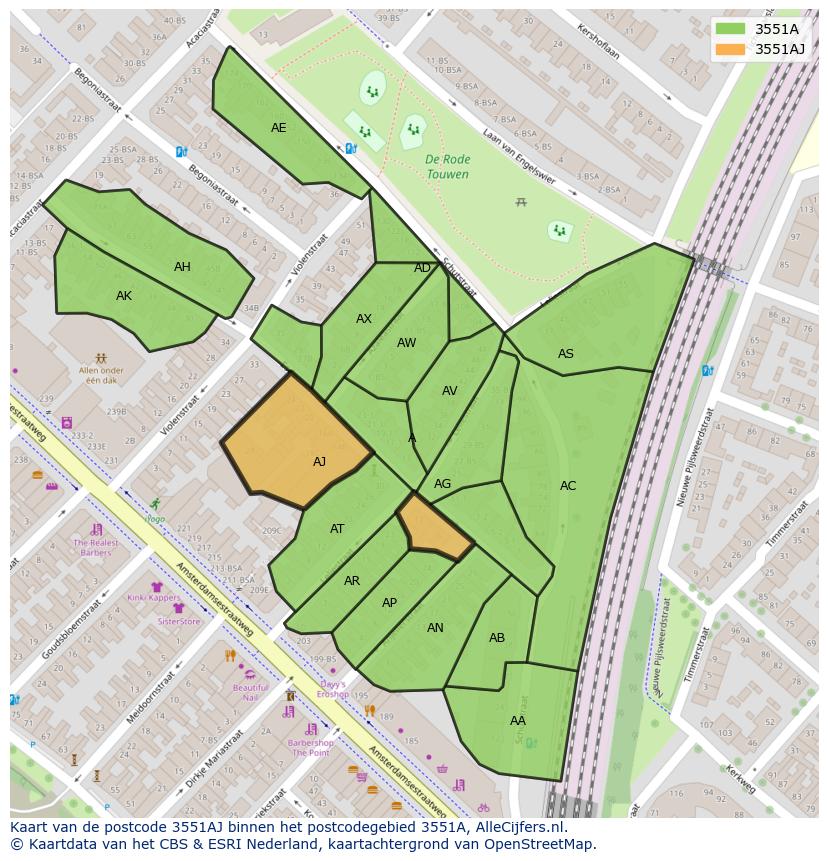 Afbeelding van het postcodegebied 3551 AJ op de kaart.