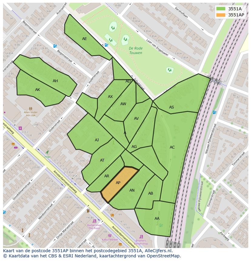 Afbeelding van het postcodegebied 3551 AP op de kaart.