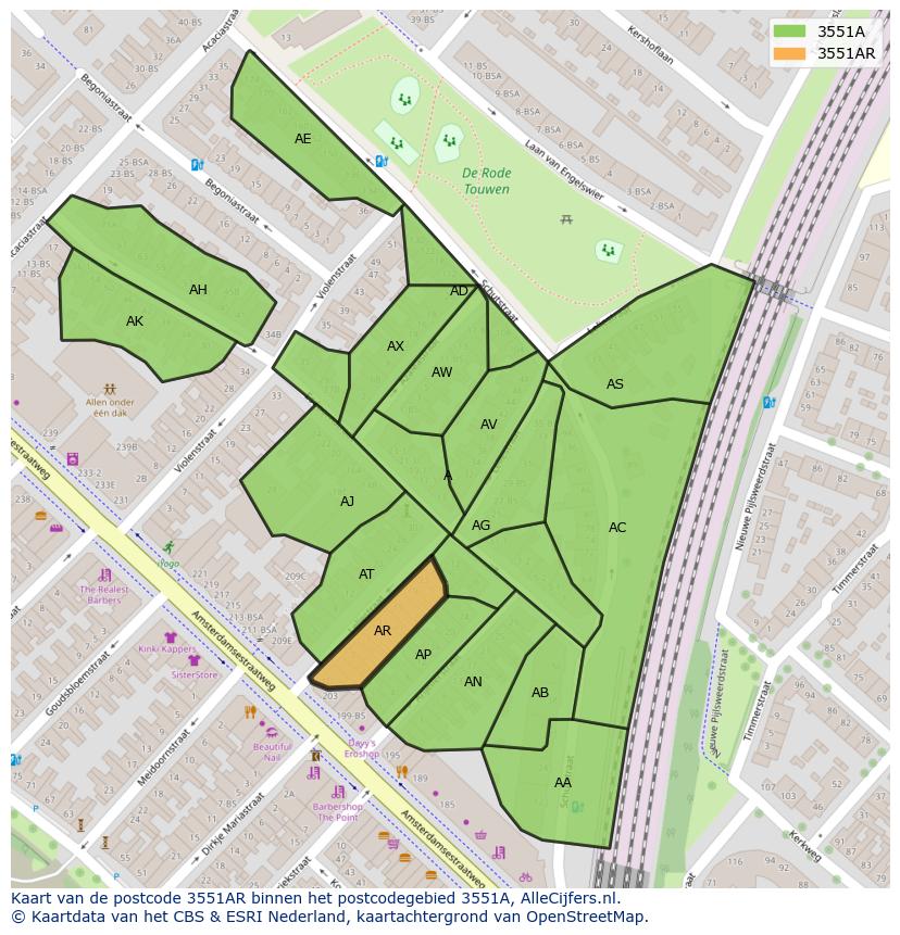 Afbeelding van het postcodegebied 3551 AR op de kaart.