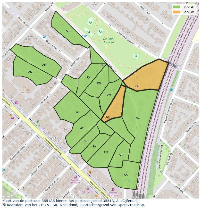 Afbeelding van het postcodegebied 3551 AS op de kaart.