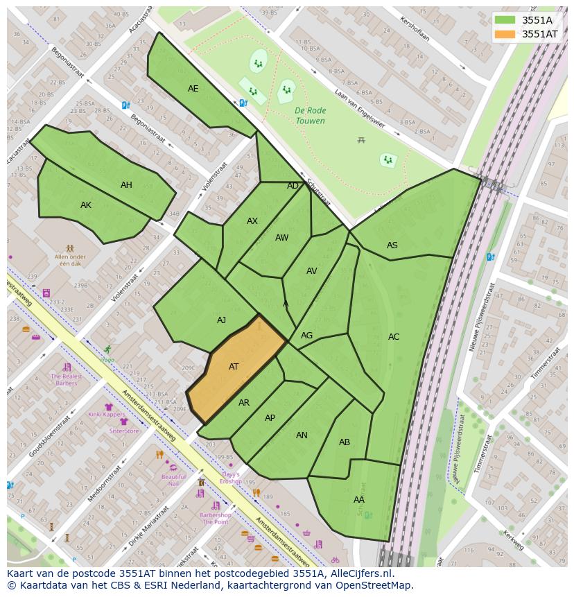 Afbeelding van het postcodegebied 3551 AT op de kaart.