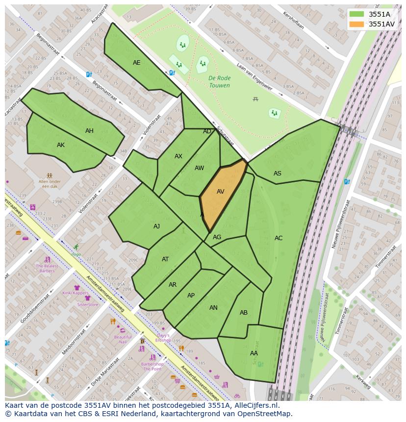Afbeelding van het postcodegebied 3551 AV op de kaart.