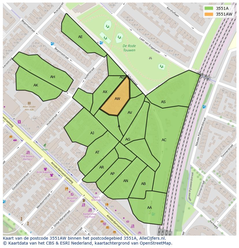 Afbeelding van het postcodegebied 3551 AW op de kaart.