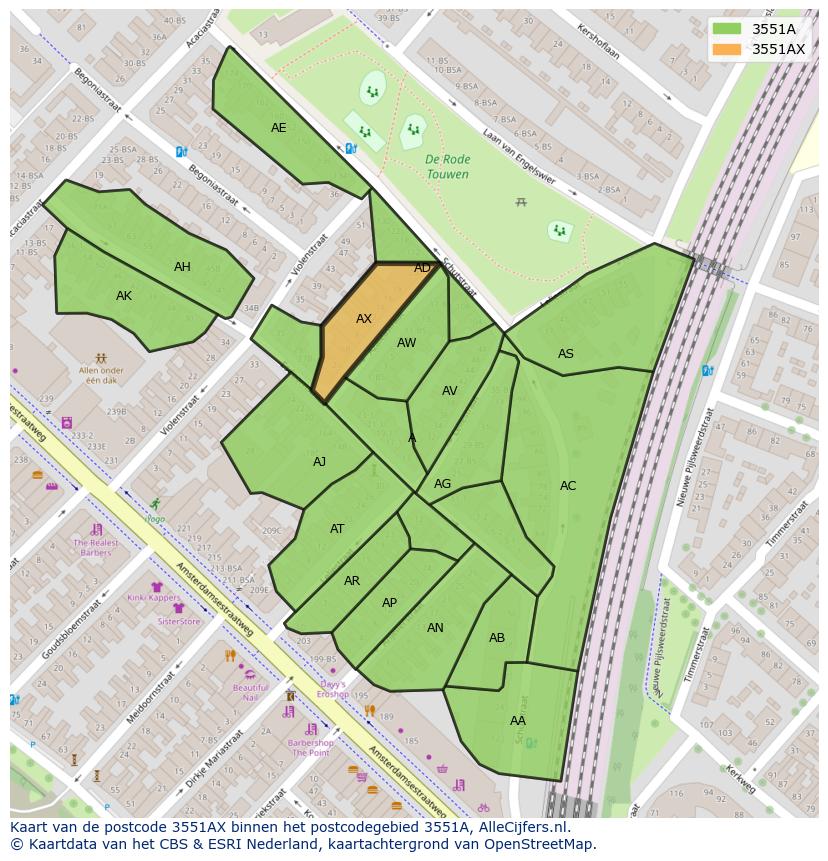 Afbeelding van het postcodegebied 3551 AX op de kaart.