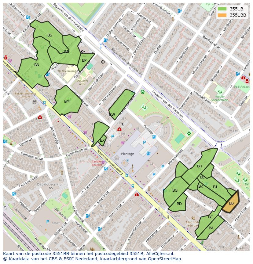 Afbeelding van het postcodegebied 3551 BB op de kaart.