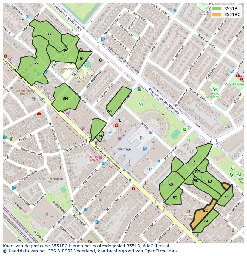 Afbeelding van het postcodegebied 3551 BC op de kaart.