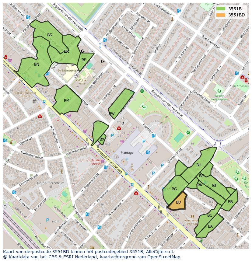 Afbeelding van het postcodegebied 3551 BD op de kaart.