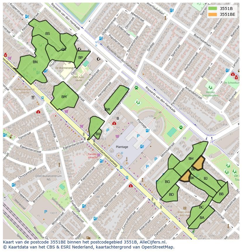 Afbeelding van het postcodegebied 3551 BE op de kaart.