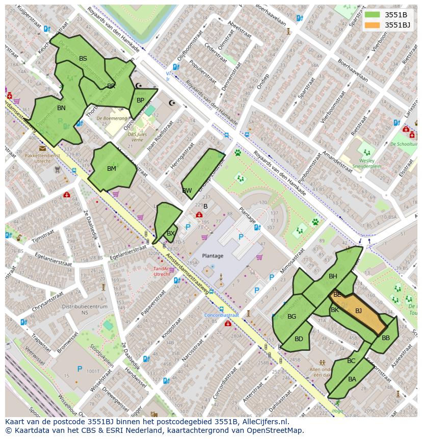 Afbeelding van het postcodegebied 3551 BJ op de kaart.