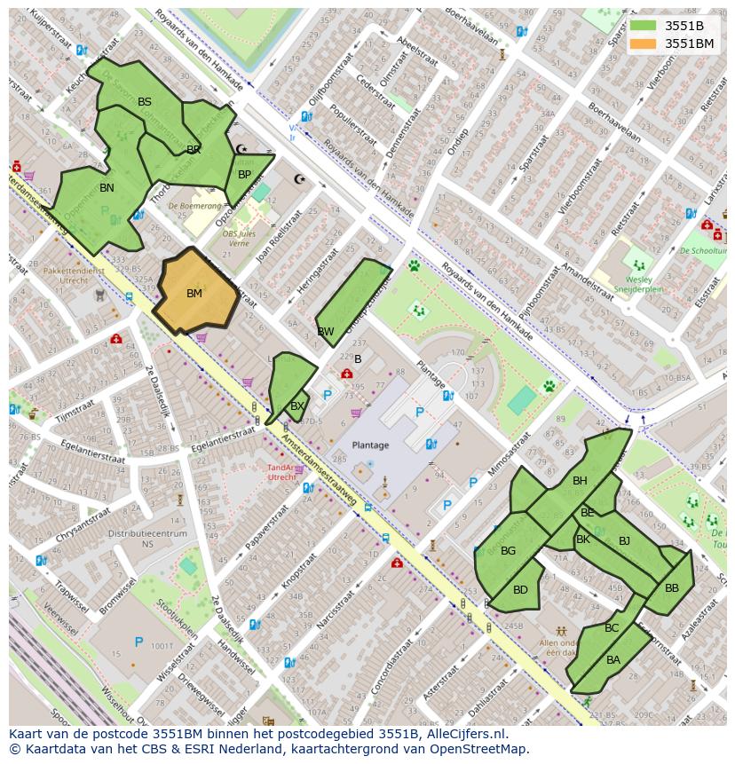 Afbeelding van het postcodegebied 3551 BM op de kaart.