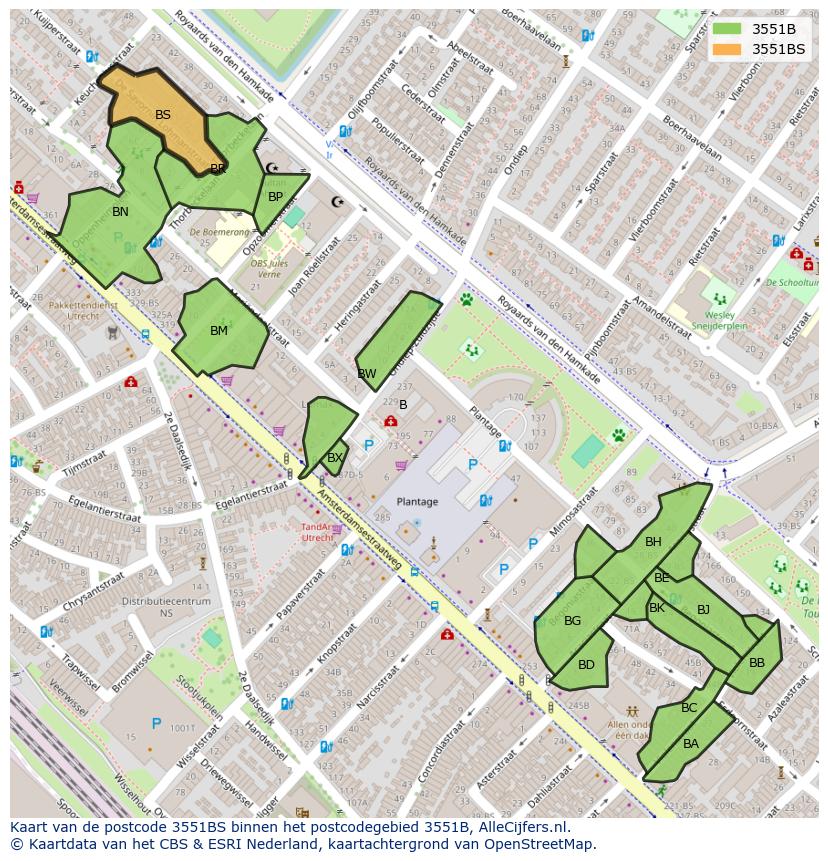 Afbeelding van het postcodegebied 3551 BS op de kaart.
