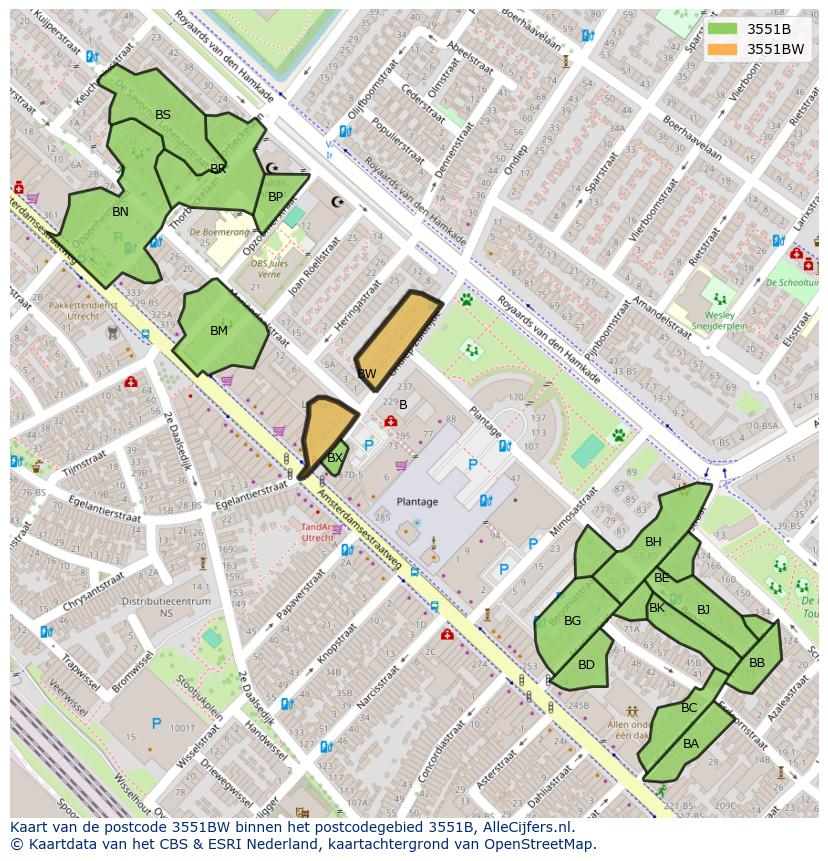 Afbeelding van het postcodegebied 3551 BW op de kaart.
