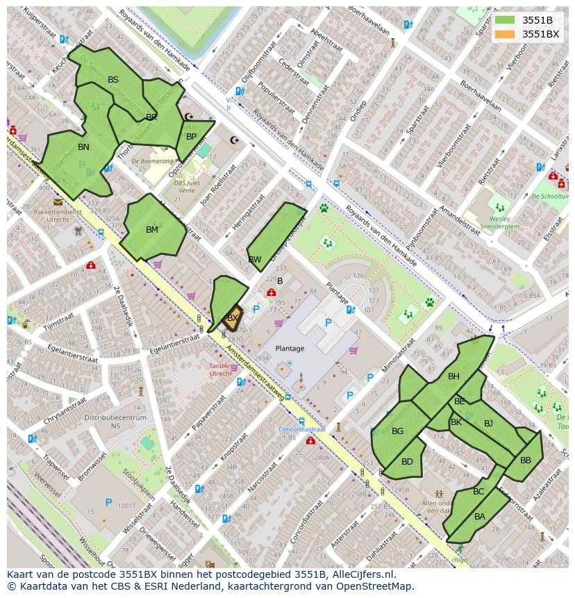 Afbeelding van het postcodegebied 3551 BX op de kaart.