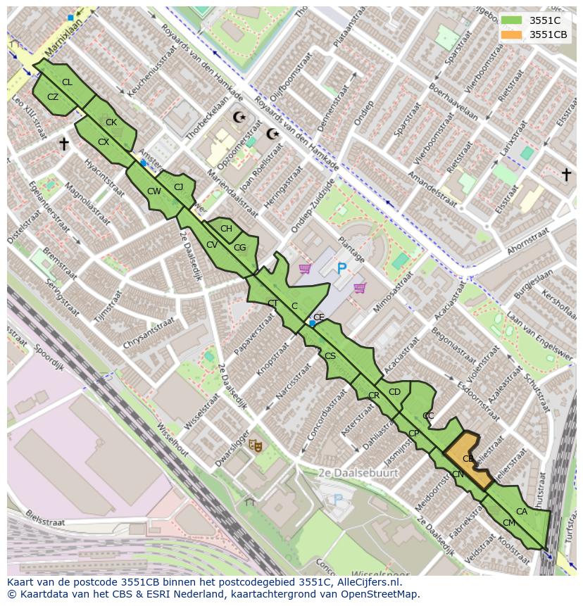 Afbeelding van het postcodegebied 3551 CB op de kaart.