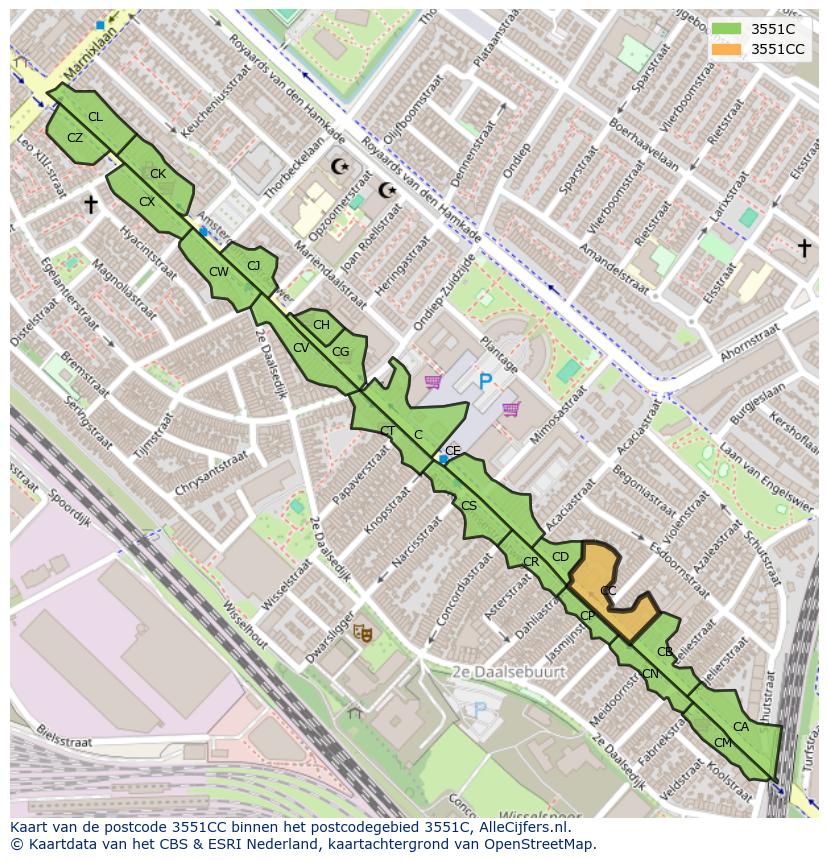 Afbeelding van het postcodegebied 3551 CC op de kaart.