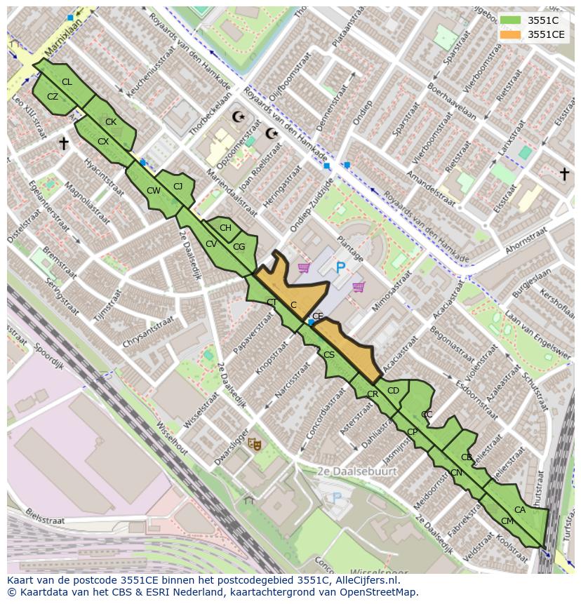 Afbeelding van het postcodegebied 3551 CE op de kaart.
