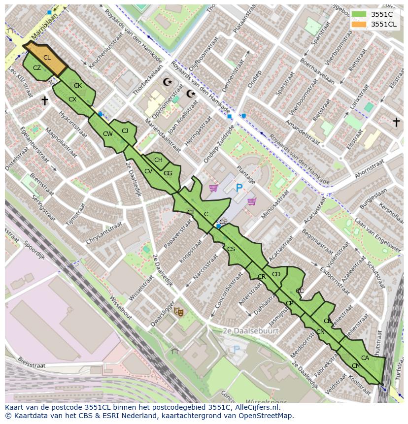 Afbeelding van het postcodegebied 3551 CL op de kaart.