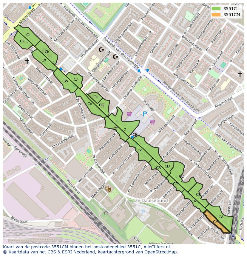 Afbeelding van het postcodegebied 3551 CM op de kaart.