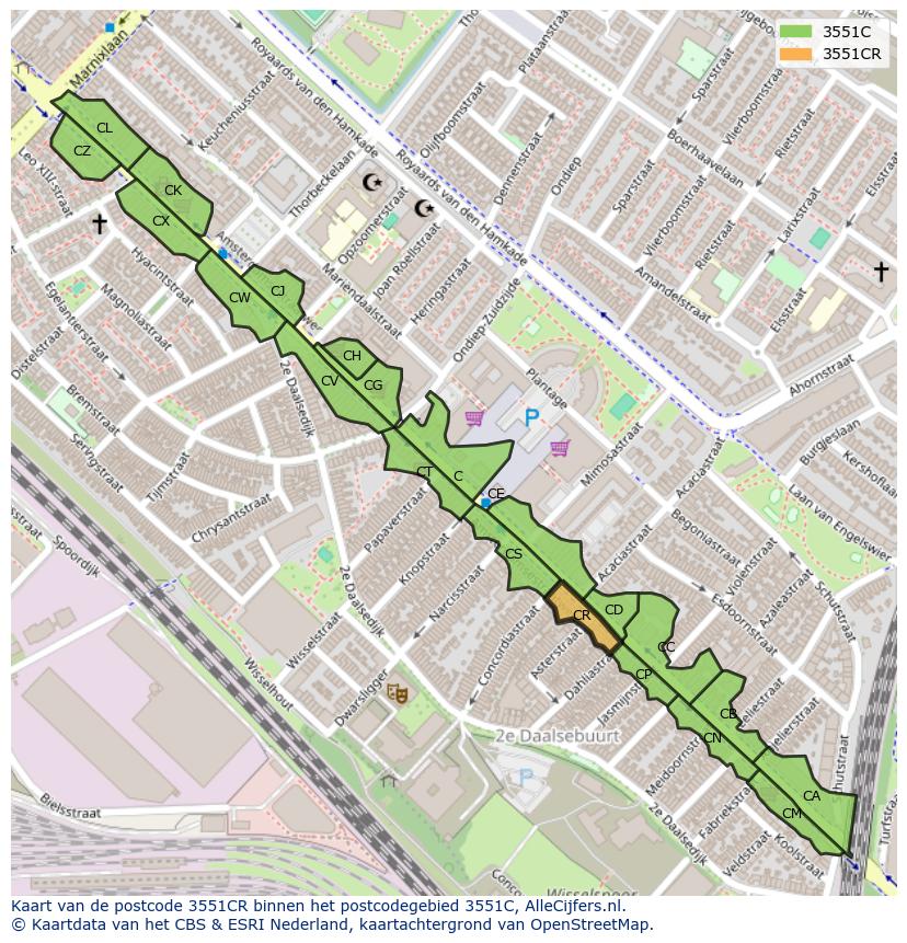 Afbeelding van het postcodegebied 3551 CR op de kaart.