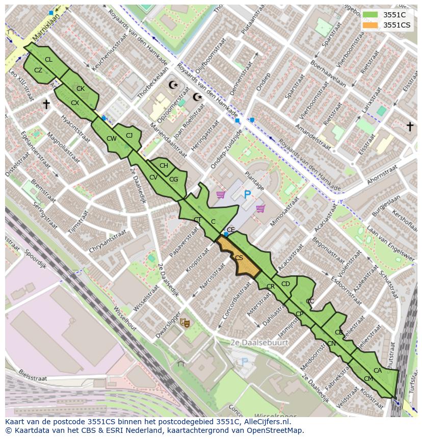 Afbeelding van het postcodegebied 3551 CS op de kaart.