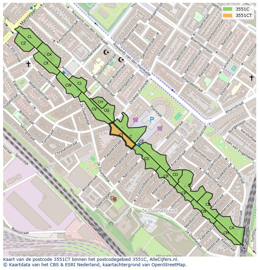 Afbeelding van het postcodegebied 3551 CT op de kaart.