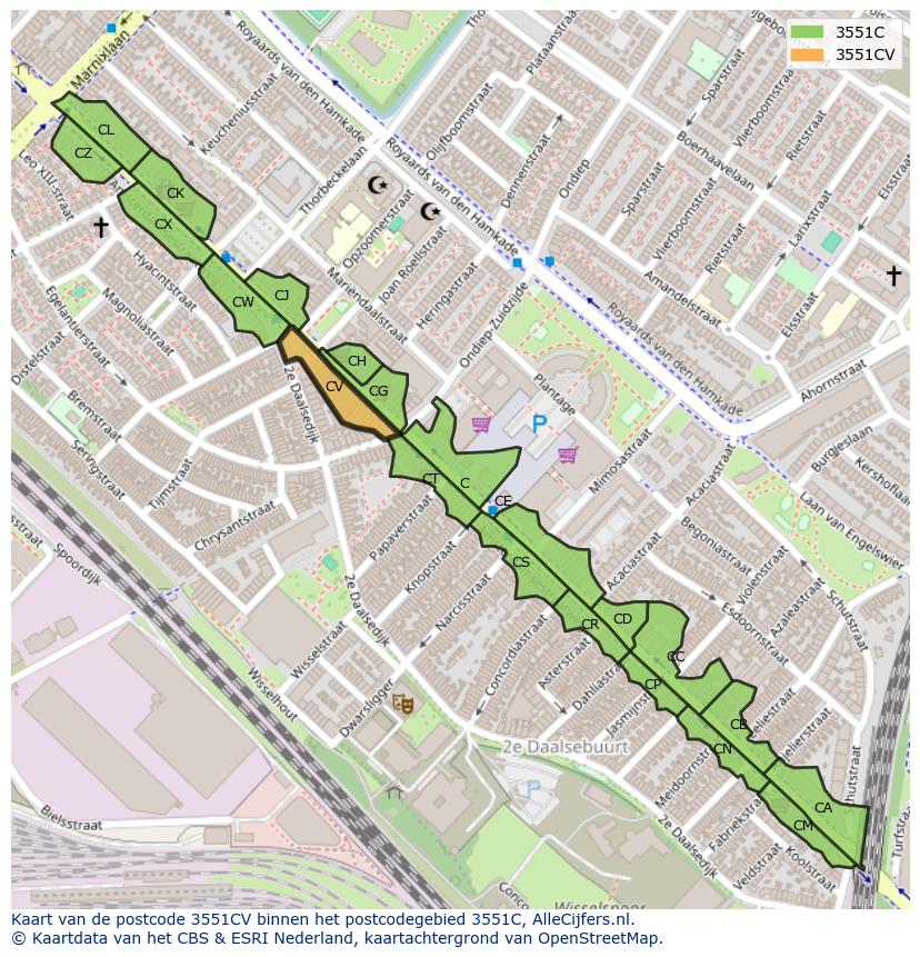 Afbeelding van het postcodegebied 3551 CV op de kaart.