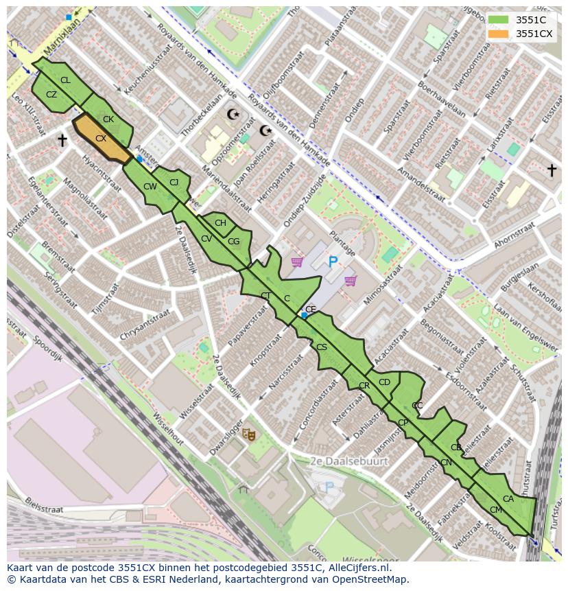 Afbeelding van het postcodegebied 3551 CX op de kaart.