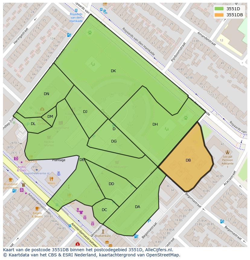 Afbeelding van het postcodegebied 3551 DB op de kaart.